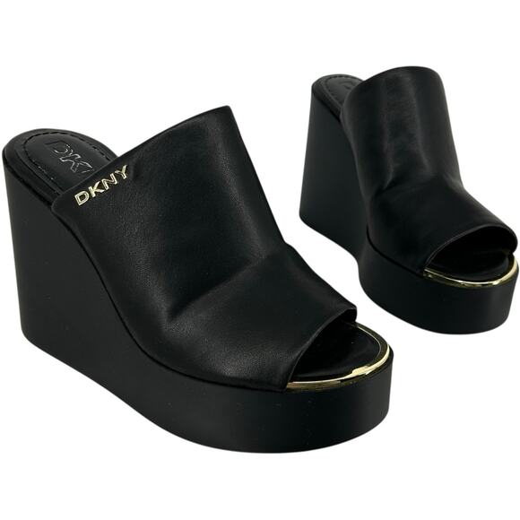 Women's Black Gold Toe DKNY Pen Platform Wedge Sandals Sz 9.5M LRT-2308 - Picture 1 of 8